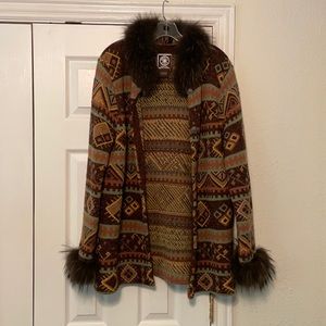 Double D street length sweater with fox trim